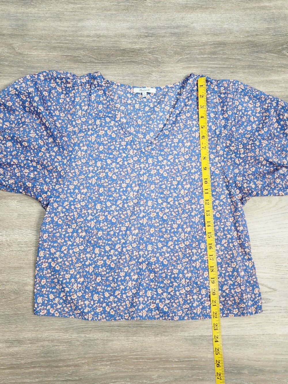 Madewell Blue Floral Puff Sleeve V-Neck Cotton Blouse Womens Medium M Boxy Cropp